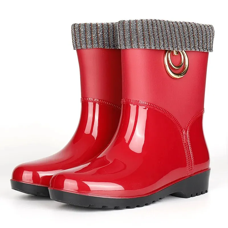 Women Fashion Boots Waterproof Rubber Work Water Shoes Winter Middle Tube Plus Velvet Slip on Rain Boot - WRB50161