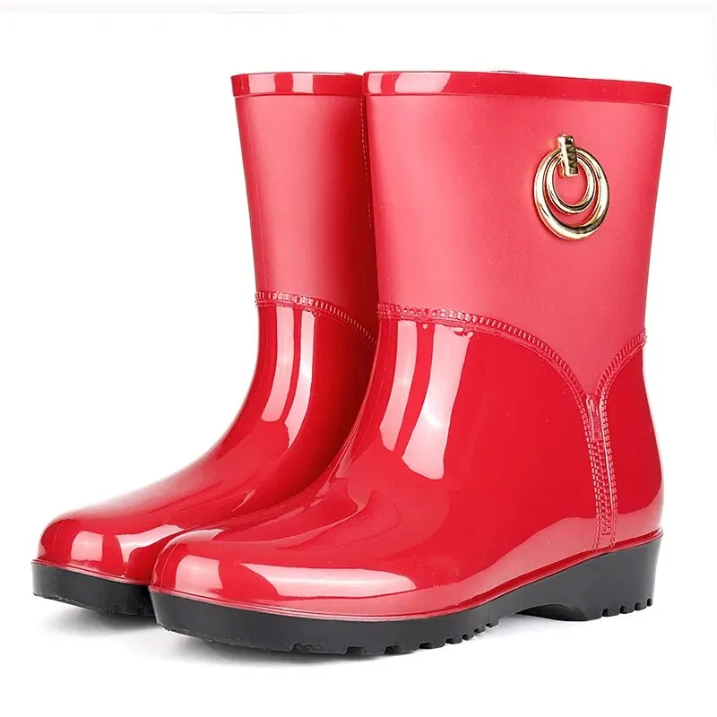 Women Fashion Boots Waterproof Rubber Work Water Shoes Winter Middle Tube Plus Velvet Slip on Rain Boot - WRB50161