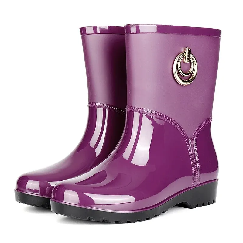 Women Fashion Boots Waterproof Rubber Work Water Shoes Winter Middle Tube Plus Velvet Slip on Rain Boot - WRB50161