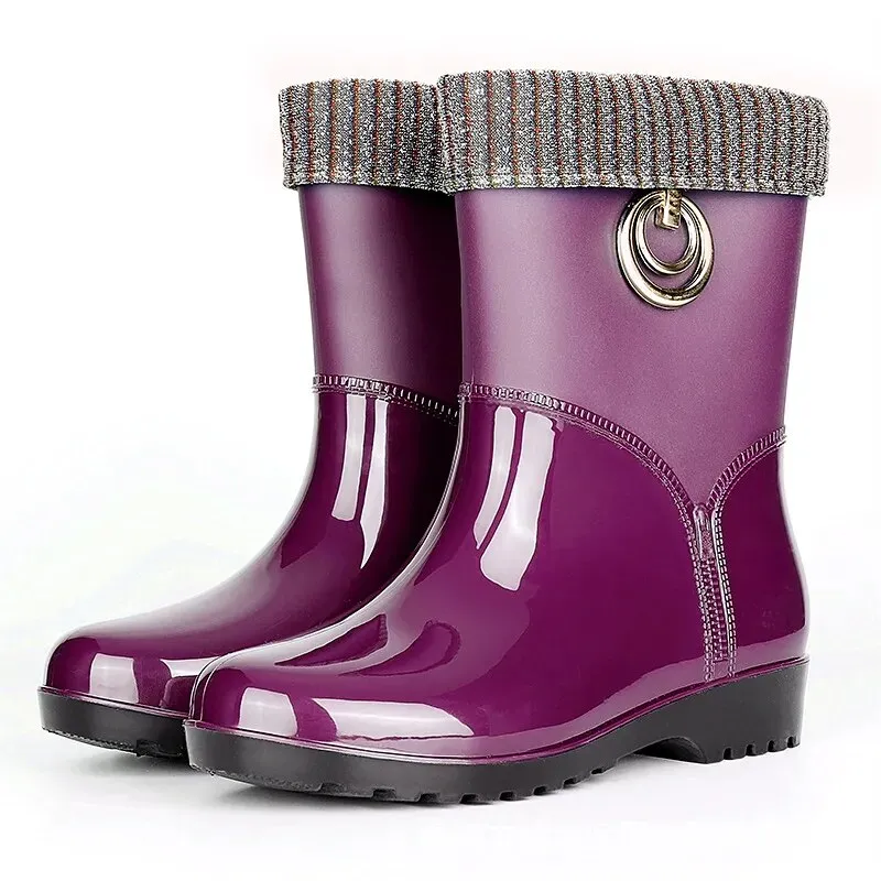 Women Fashion Boots Waterproof Rubber Work Water Shoes Winter Middle Tube Plus Velvet Slip on Rain Boot - WRB50161