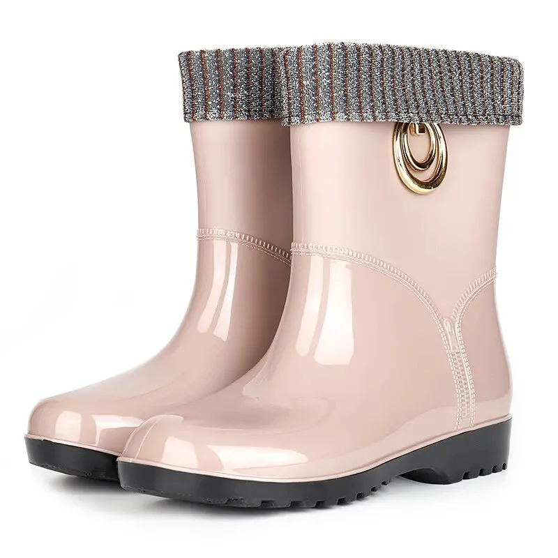 Women Fashion Boots Waterproof Rubber Work Water Shoes Winter Middle Tube Plus Velvet Slip on Rain Boot - WRB50161