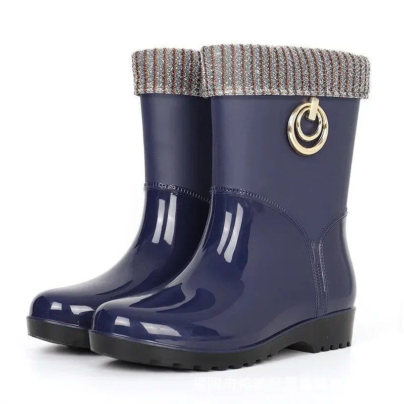 Women Fashion Boots Waterproof Rubber Work Water Shoes Winter Middle Tube Plus Velvet Slip on Rain Boot - WRB50161