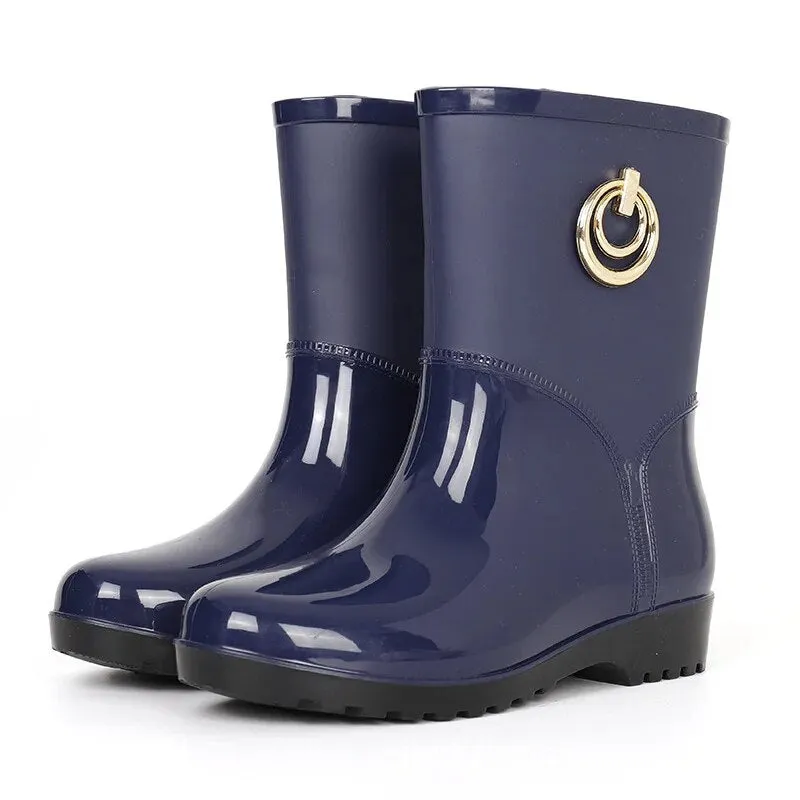 Women Fashion Boots Waterproof Rubber Work Water Shoes Winter Middle Tube Plus Velvet Slip on Rain Boot - WRB50161