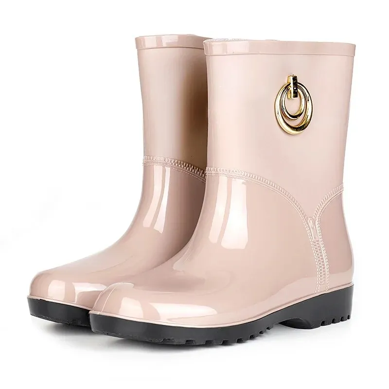 Women Fashion Boots Waterproof Rubber Work Water Shoes Winter Middle Tube Plus Velvet Slip on Rain Boot - WRB50161