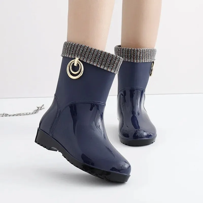 Women Fashion Boots Waterproof Rubber Work Water Shoes Winter Middle Tube Plus Velvet Slip on Rain Boot - WRB50161