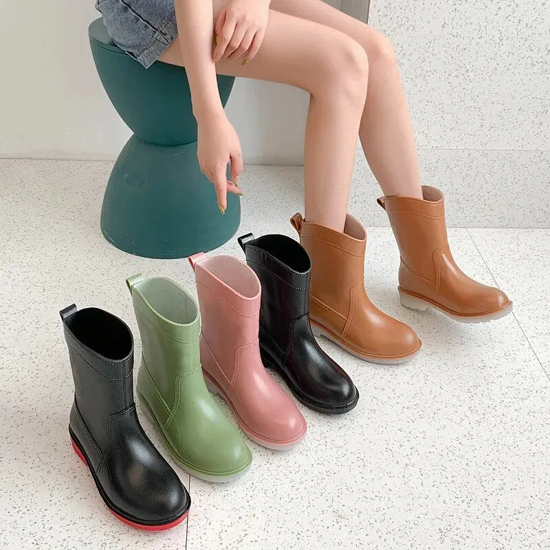 Women Pink Rain Boots Fashion Outdoor Waterproof Casual Boot Comfort Slip on Kitchen Work Boots - WRB50148