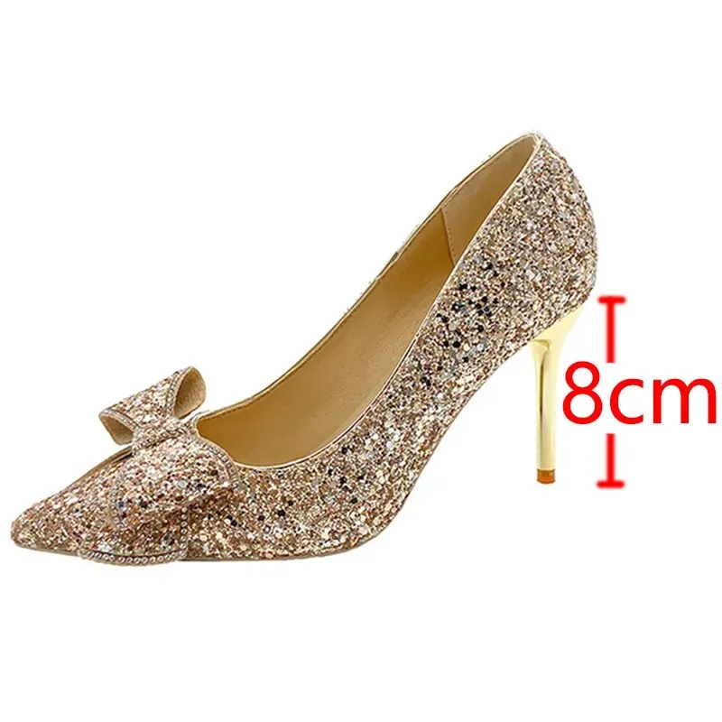 Women Pumps Slip-On Sweet Bowknot High Heels Shining Thin Heels Wedding Party Shoes - WSHP50104