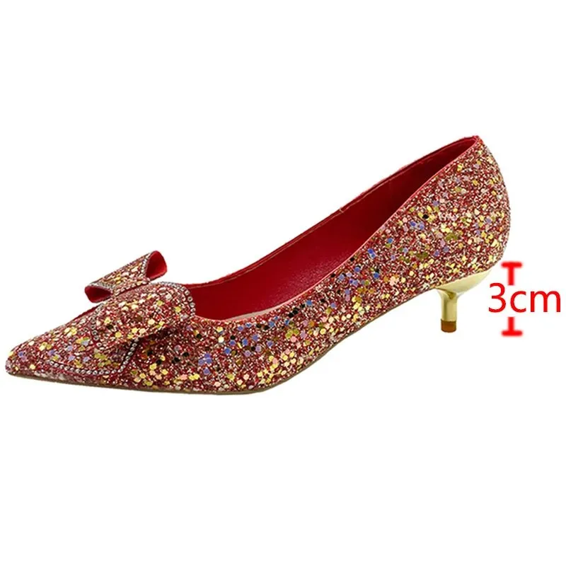 Women Pumps Slip-On Sweet Bowknot High Heels Shining Thin Heels Wedding Party Shoes - WSHP50104