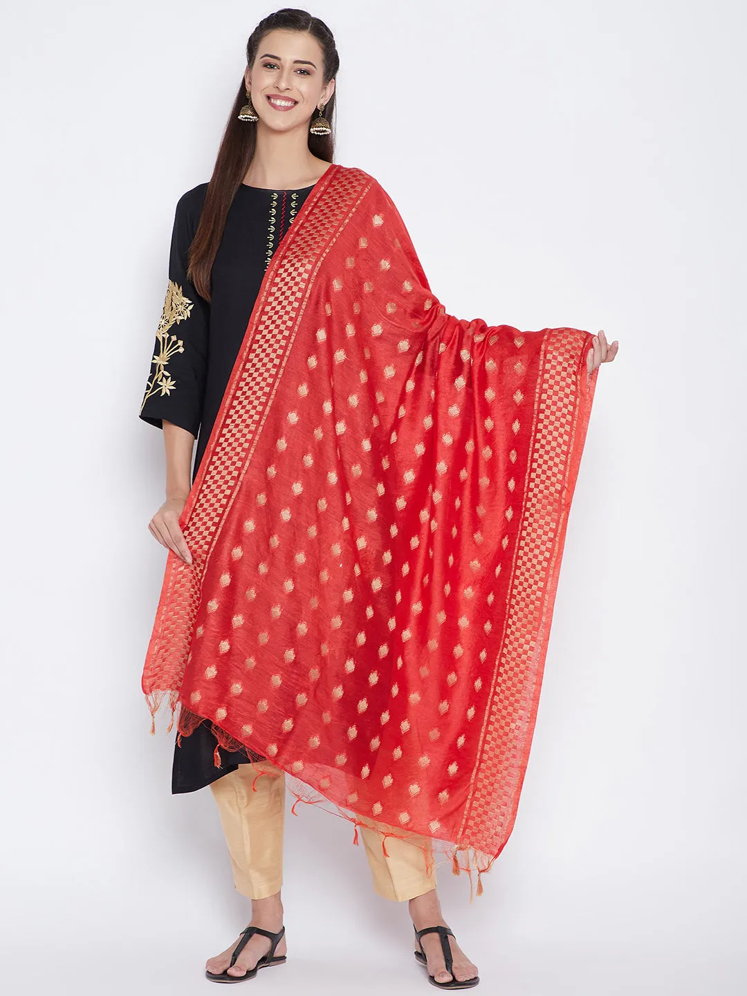 Women Red Self Design Cotton Dupatta