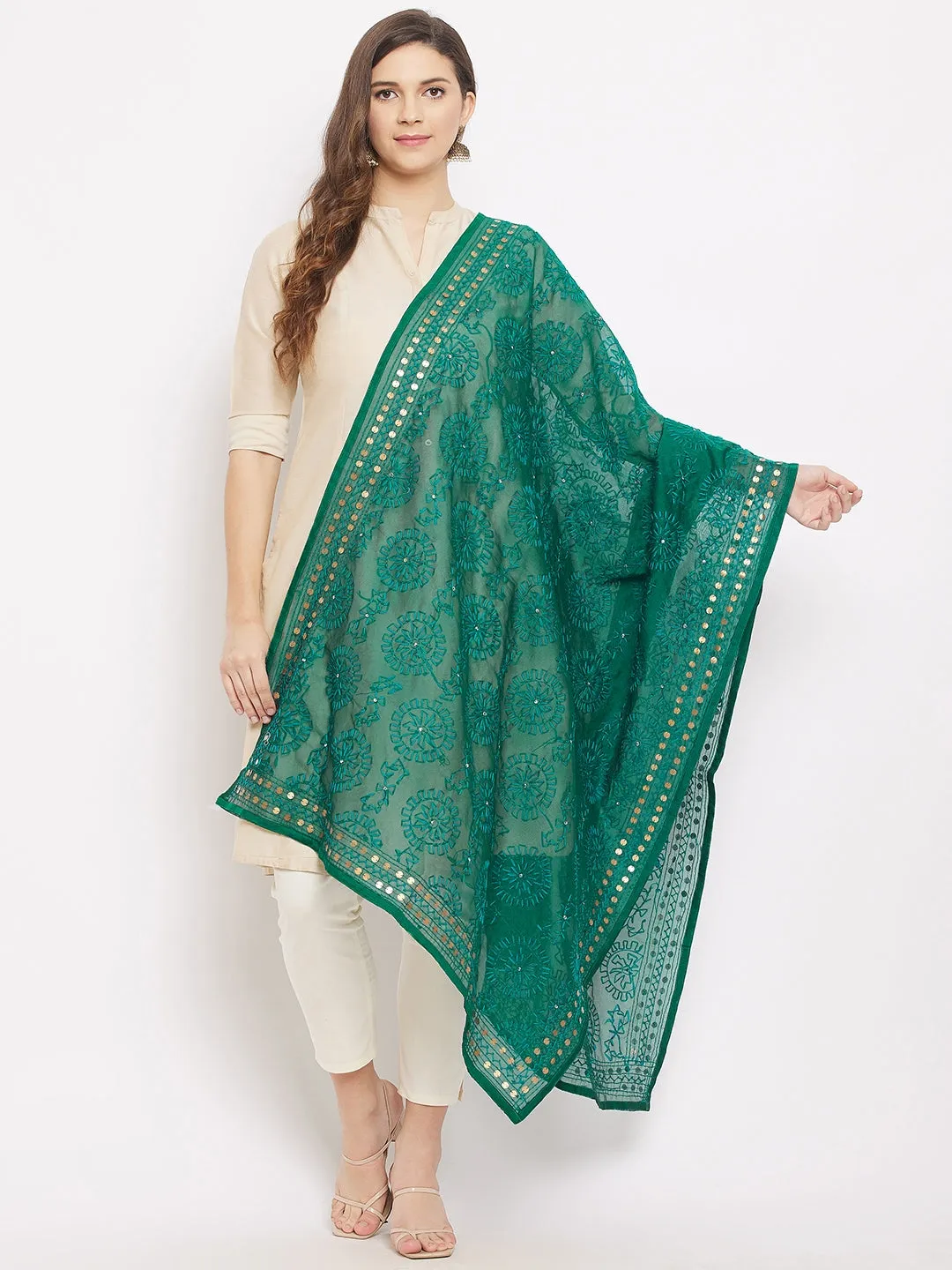 Women Turquoise Blue Chanderi Silk Embroidered Dupatta