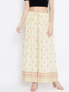 Women'S Cream Printed Flared Palazzo