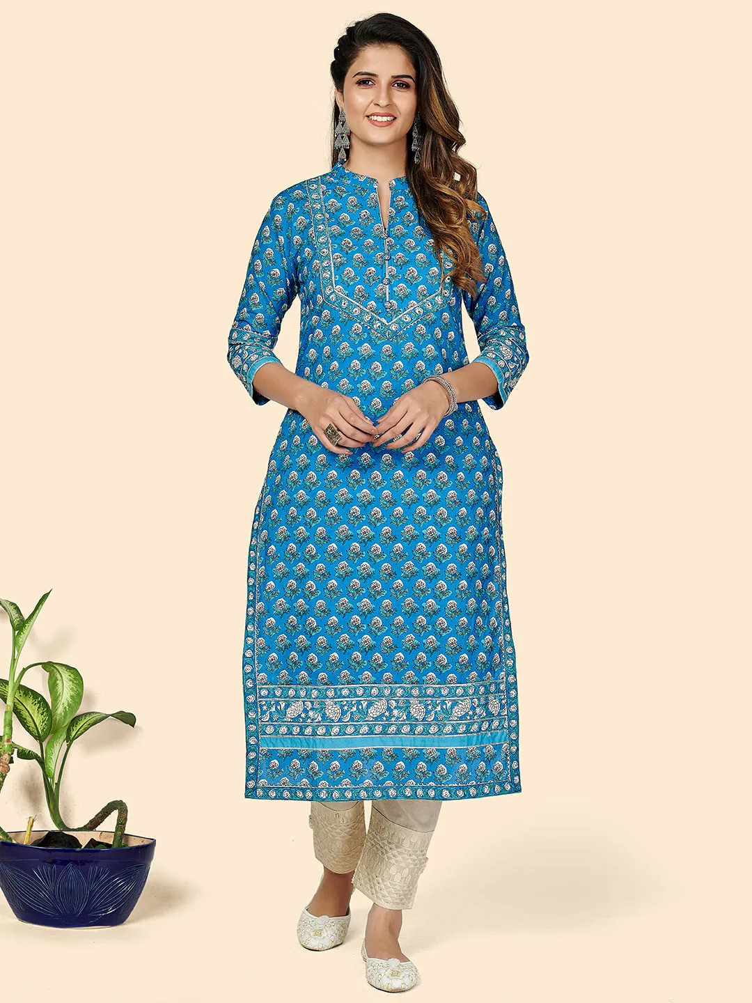 Women'S Printed & Zardosi Work Straight Cotton Blue Stitched Kurta