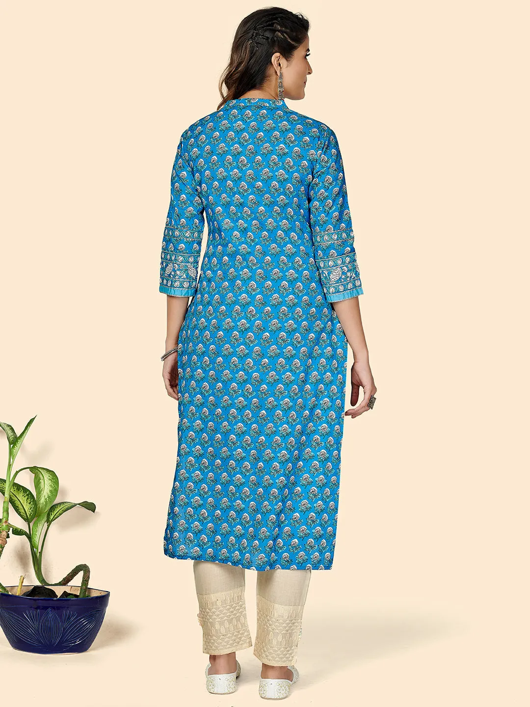 Women'S Printed & Zardosi Work Straight Cotton Blue Stitched Kurta