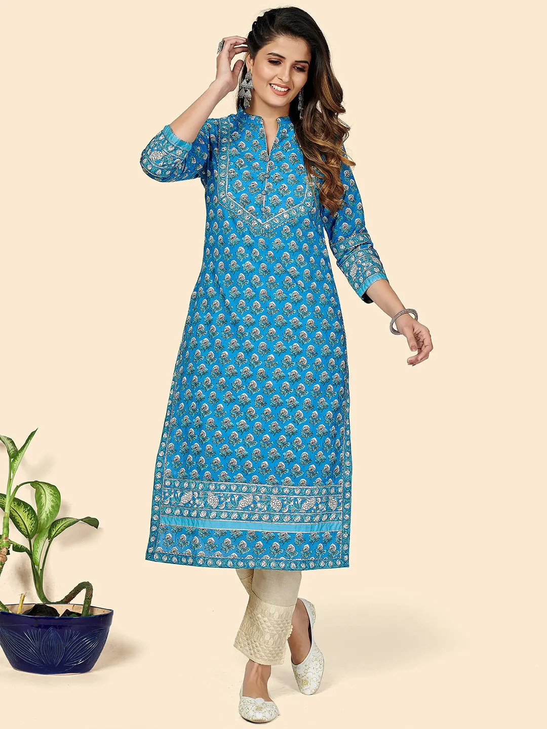 Women'S Printed & Zardosi Work Straight Cotton Blue Stitched Kurta