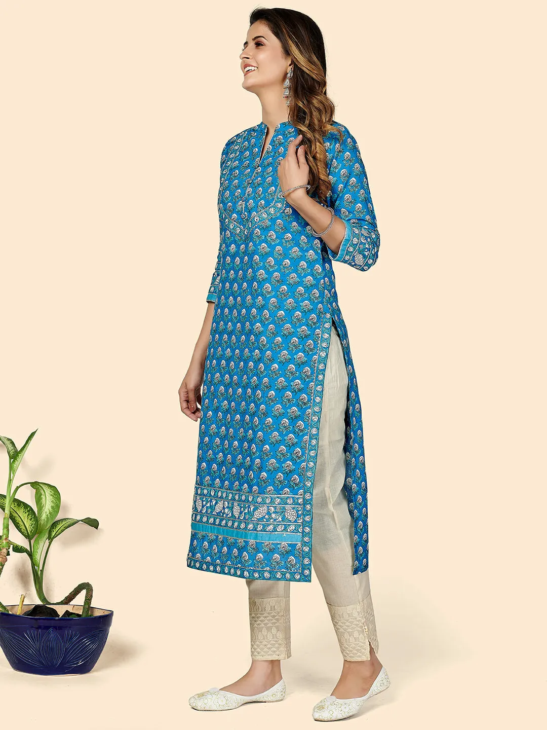 Women'S Printed & Zardosi Work Straight Cotton Blue Stitched Kurta