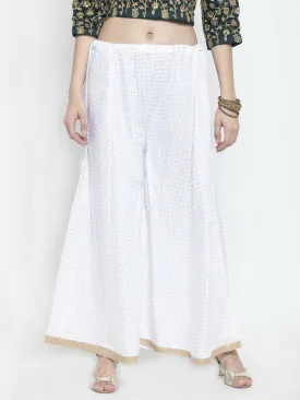 Women'S White Printed Rayon Wide Leg Palazzo